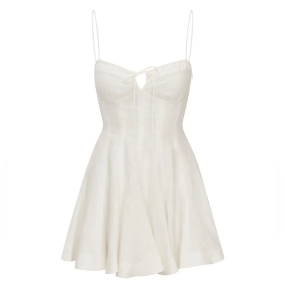 Love Shack Fancy Shai Linen Lace Ribbon Bow Mini Dress Antique White